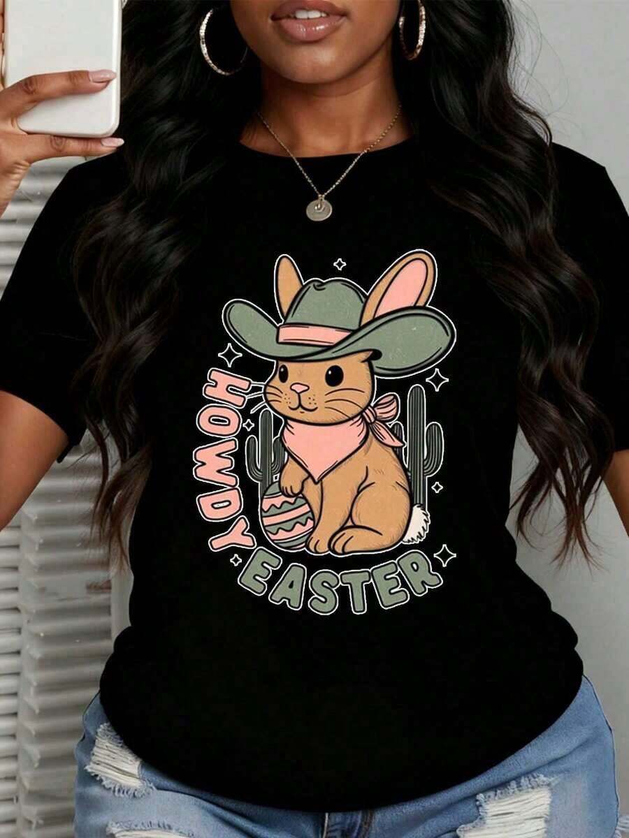 ropa de mujer Camiseta Casual de Algodón 100% con Estampado Divertido de Conejo de Pascua, Cactus y Huevo, Estilo Vaquero, Manga Corta, Cuello Redondo, para Mujer, Ideal para Regalo de Fiesta de Primavera o Vacaciones, camisas de mujer - Negro - Ver 1