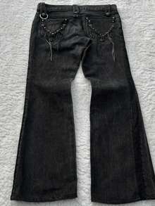 Pantalones campana bajo negro estilo high street con estampado exclusivo - Negro - Ver 2