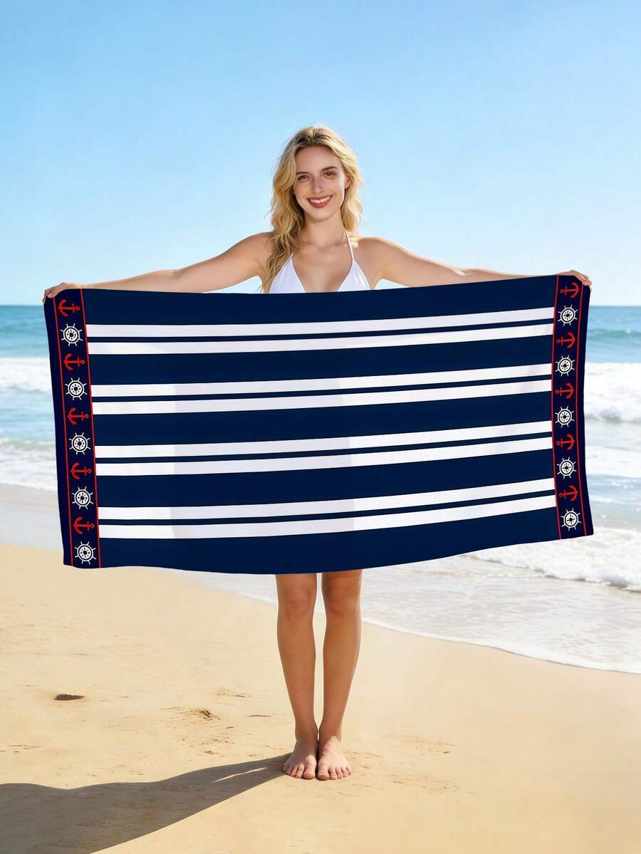1pc Navy Blue Striped Print Beach Towel, Super Soft Microfiber Quick Dry, Sand Proof Beach Mat Suitable For Beach Chairs, Swimming Pools, Surfing, Diving, Vacation And Camping, Essential Summer Party Accessory - Type C - View 1
