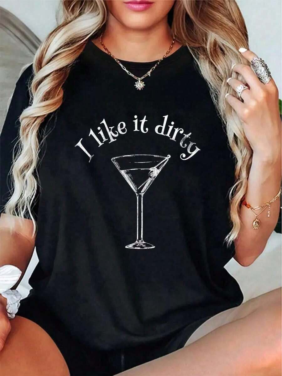 Conjuntos de verano para mujer, 100% algodón, camiseta con estampado de martini, regalo para mujer, camiseta sexy con estampado de vino y cerveza para fiesta, cuello redondo, manga corta, camisetas gráficas para mujer y hombre, tops de verano. - Negro - Ver 1