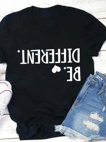 Women's Letter Print T-Shirts, Casual Round Neck Short Sleeve T-Shirt, Fashionable Spring And Summer Casual Clothing For Women, 100% Cotton T-Shirt, Loose And Comfortable Summer T-Shirts For Women - 黑色 - 查看 1