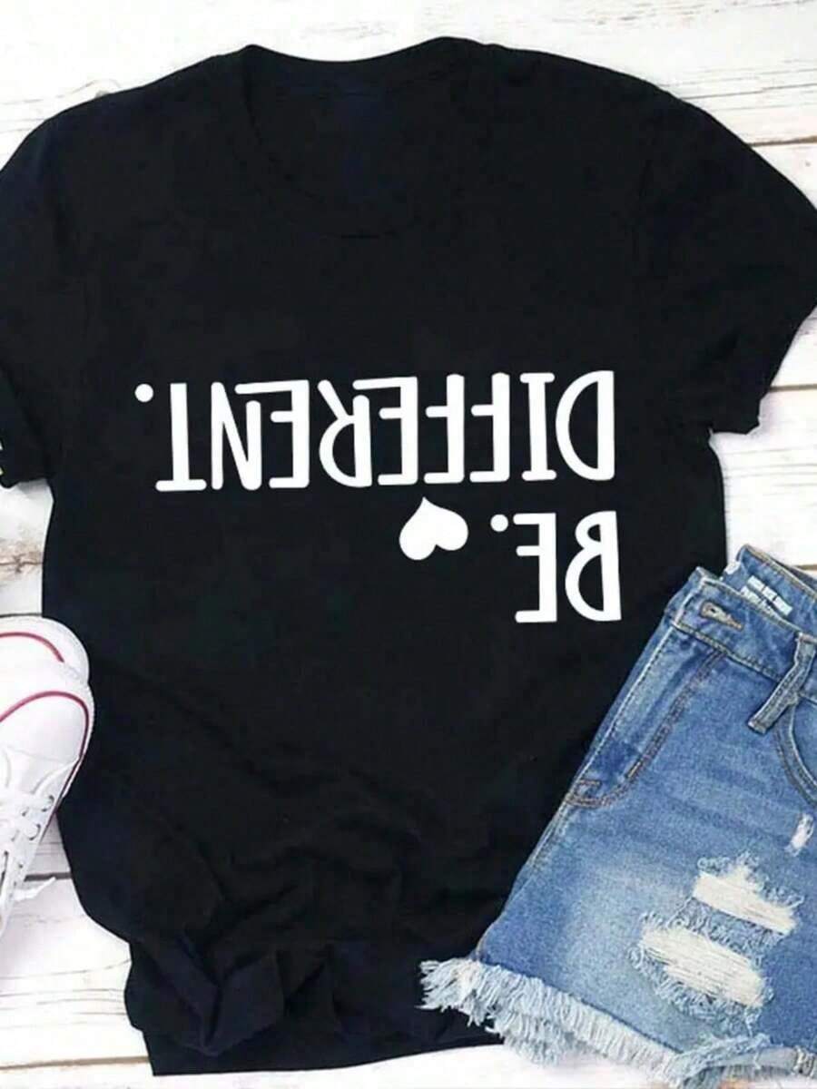 Women's Letter Print T-Shirts, Casual Round Neck Short Sleeve T-Shirt, Fashionable Spring And Summer Casual Clothing For Women, 100% Cotton T-Shirt, Loose And Comfortable Summer T-Shirts For Women - 黑色 - 查看 1