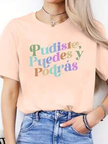 Camiseta casual de primavera-verano con estampado de letras en español, camiseta deportiva de manga corta con cuello redondo, top para mujer, blusas para mujer. - Blanco - Ver 8