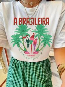 Camiseta ajustada de cuello redondo para mujer de primera calidad - Camiseta con estampado tropical brasileño - Diseño vibrante con temática de Brasil con la Estátua del Cristo Redentor y bailarines, ropa de playa de verano de manga corta y cuello redondo, textura portuguesa y colores portugueses, lavable, ajuste cómodo para todas las estaciones, ideal para uso diario, vacaciones, fiestas, ecológica. - Blanco - Ver 7