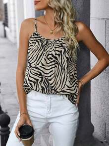 Camiseta de tirantes con pliegues con estampado de cebra para mujer - Albaricoque - Ver 6