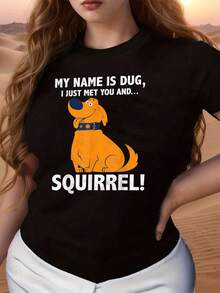 The Print Features A Cheerful Dog Named Dug Expressing Enthusiasm And Tenderness Upon Discovering A Squirrel, Conveying Positive Energy And A Sense Of Humor Ideal For Animal Lovers. This Comfortable And Casual Women's T-Shirt Is Perfect For Everyday Wear. - 黑色 - 查看 6