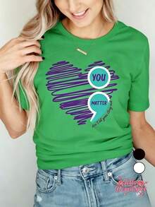 Soft Women's T-Shirt With YOU MATTER Graffiti Print And Round Neck, 100% Cotton Material, Sweat-Absorbent And Breathable, Suitable For All Seasons, Ideal For Casual Daily Wear And Parties, Elegant Blouses For Women. - 綠色 - 查看 7