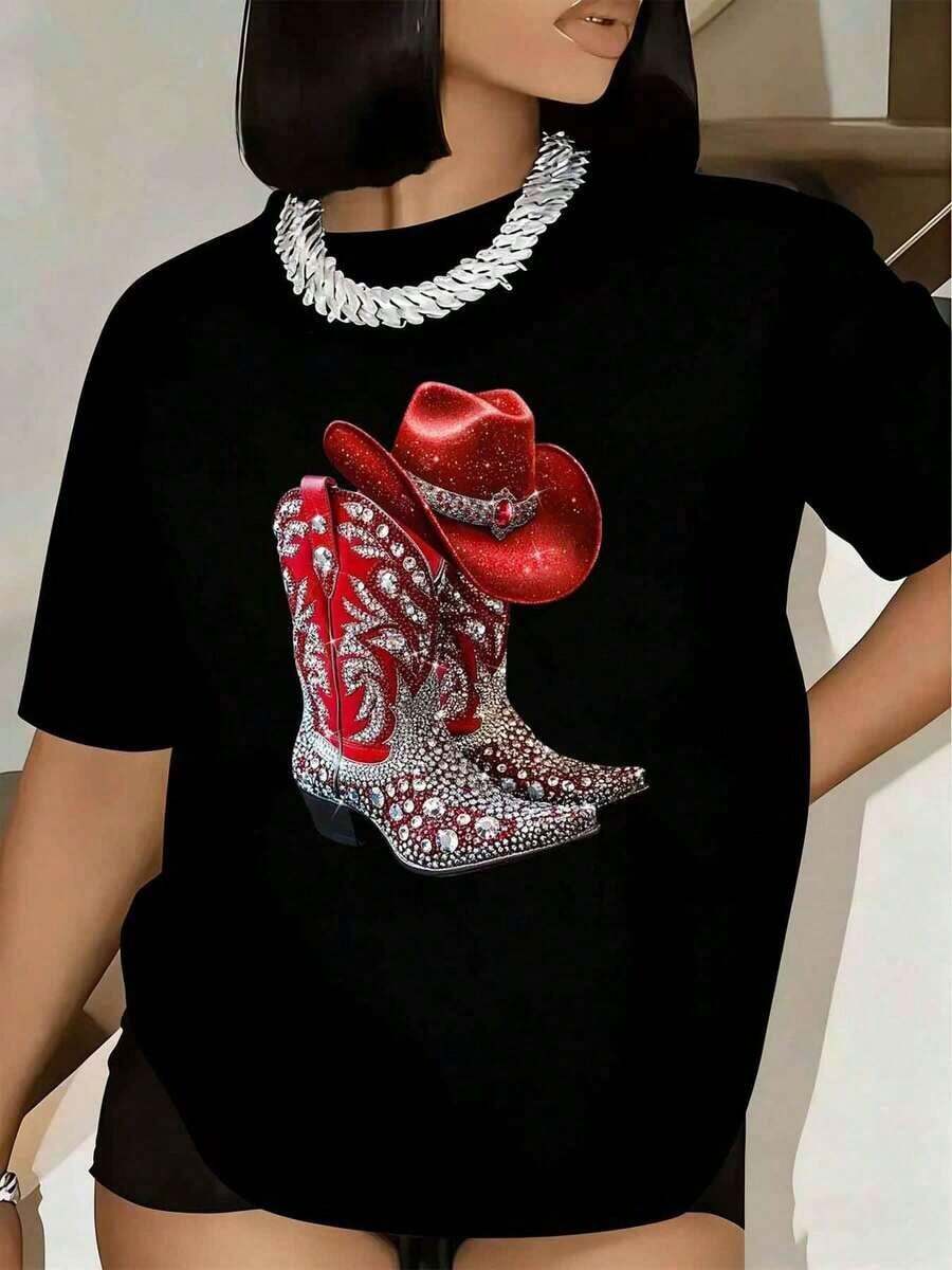 Women's T-Shirt With Cowboy Boots And Hat Print, Short Sleeves, Round Neck, For Casual Wear At Western-Themed Parties, 220g - 黑色 - 查看 1