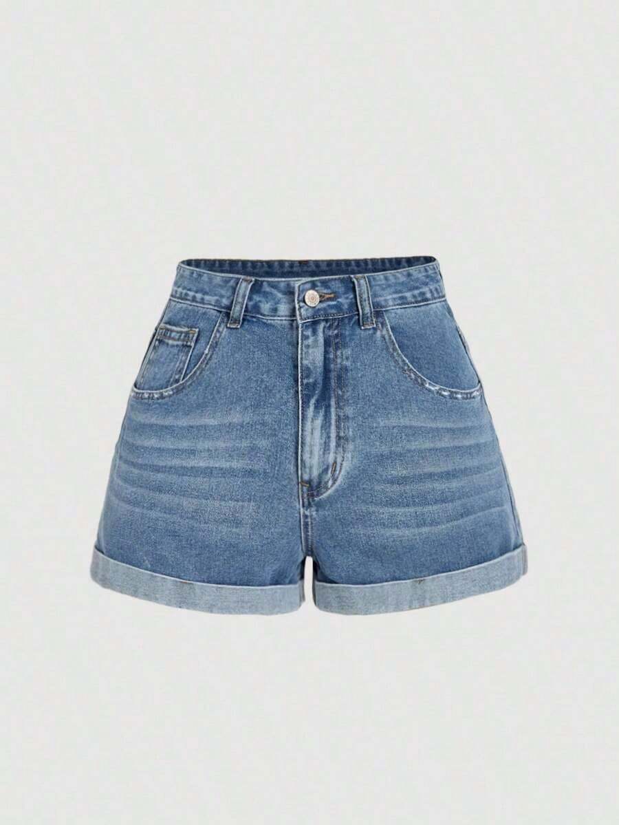 Falda pantalón de mezclilla de unicolor con bajo asimétrico para mujer - Azul - Ver 1