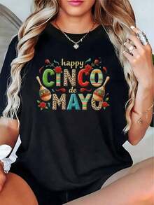 Camiseta de Mujer "Feliz Cinco de Mayo" de Manga Corta y Cuello Redondo, Color Negro con Estampado Colorido "Feliz Cinco de Mayo", Camiseta Casual para Fiestas de Primavera/Verano, Ropa para Eventos Festivos, Regalo. - Negro - Ver 1