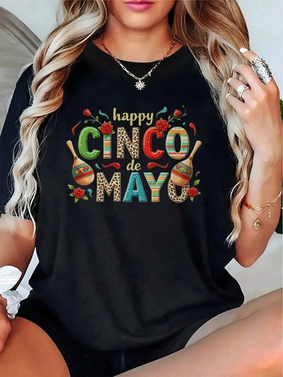 Camiseta de Mujer "Feliz Cinco de Mayo" de Manga Corta y Cuello Redondo, Color Negro con Estampado Colorido "Feliz Cinco de Mayo", Camiseta Casual para Fiestas de Primavera/Verano, Ropa para Eventos Festivos, Regalo. - Negro - Ver 1
