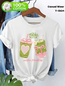 100% Pure T-Shirt With Outdoor Theme Print, Short Sleeve T-Shirt For Women, Casual T-Shirt With Matcha Latte Heart Print. - 白色 - 查看 1