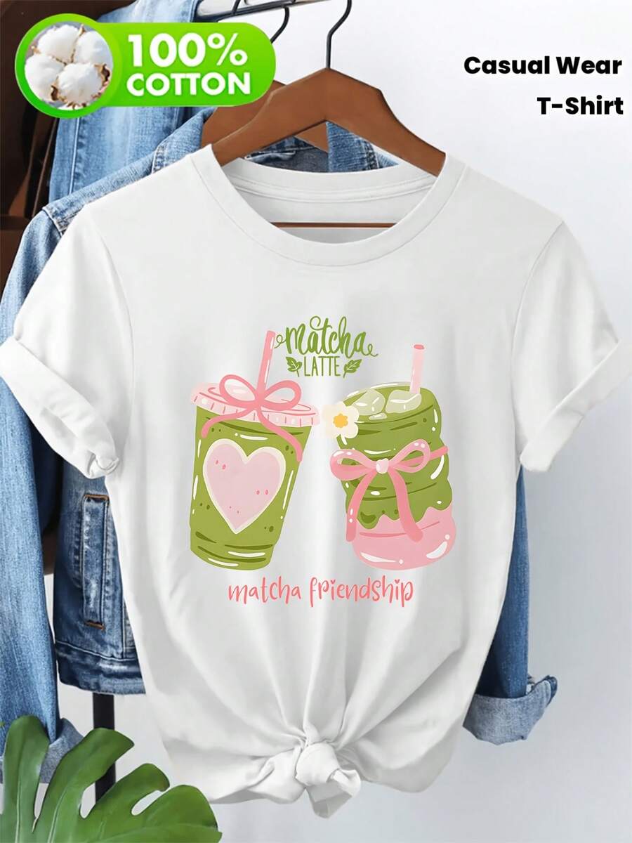 100% Pure T-Shirt With Outdoor Theme Print, Short Sleeve T-Shirt For Women, Casual T-Shirt With Matcha Latte Heart Print. - 白色 - 查看 1