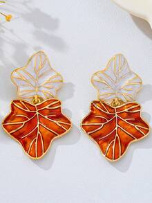 一对珐琅枫叶耳环，双色，金色叶脉饰边，清新百搭，优雅长款耳环 - 橘色 - 查看 4