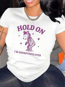 1 Casual T-Shirt With 'Hold On I'm Overstimulated' Print, Round Neck, Short Sleeve, Made Of Fabric, Suitable For All Seasons, 180g, 100% Cotton. - 白色 - 查看 1