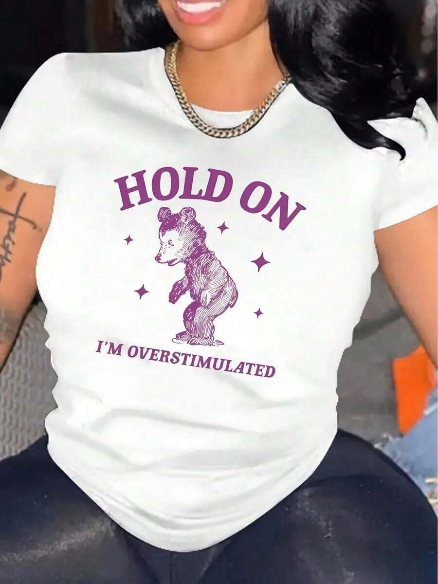 1 Casual T-Shirt With 'Hold On I'm Overstimulated' Print, Round Neck, Short Sleeve, Made Of Fabric, Suitable For All Seasons, 180g, 100% Cotton. - 白色 - 查看 1