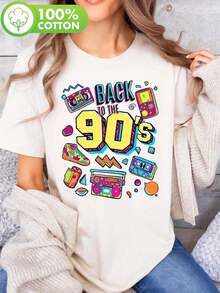 1 Piece Women's 90s Style Graphic T-Shirt - Casual Black T-Shirt With Retro Music And Electronic Design, Short Sleeve, Crew Neck, Perfect For Spring And Summer, Casual T-Shirt With Fun Print, Comfortable Fit, 90s T-Shirts, 180g 100% Cotton - 白色 - 查看 1