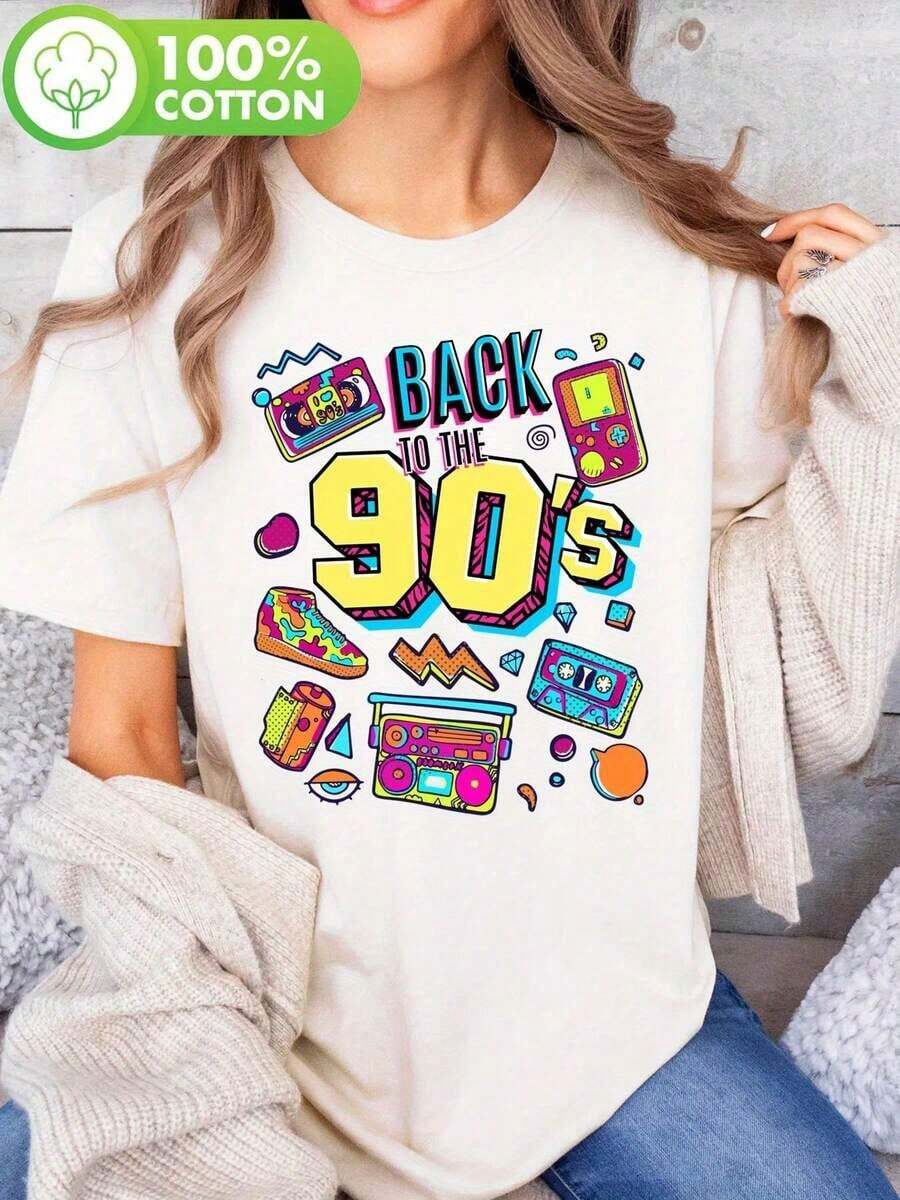 1 Piece Women's 90s Style Graphic T-Shirt - Casual Black T-Shirt With Retro Music And Electronic Design, Short Sleeve, Crew Neck, Perfect For Spring And Summer, Casual T-Shirt With Fun Print, Comfortable Fit, 90s T-Shirts, 180g 100% Cotton - 白色 - 查看 1