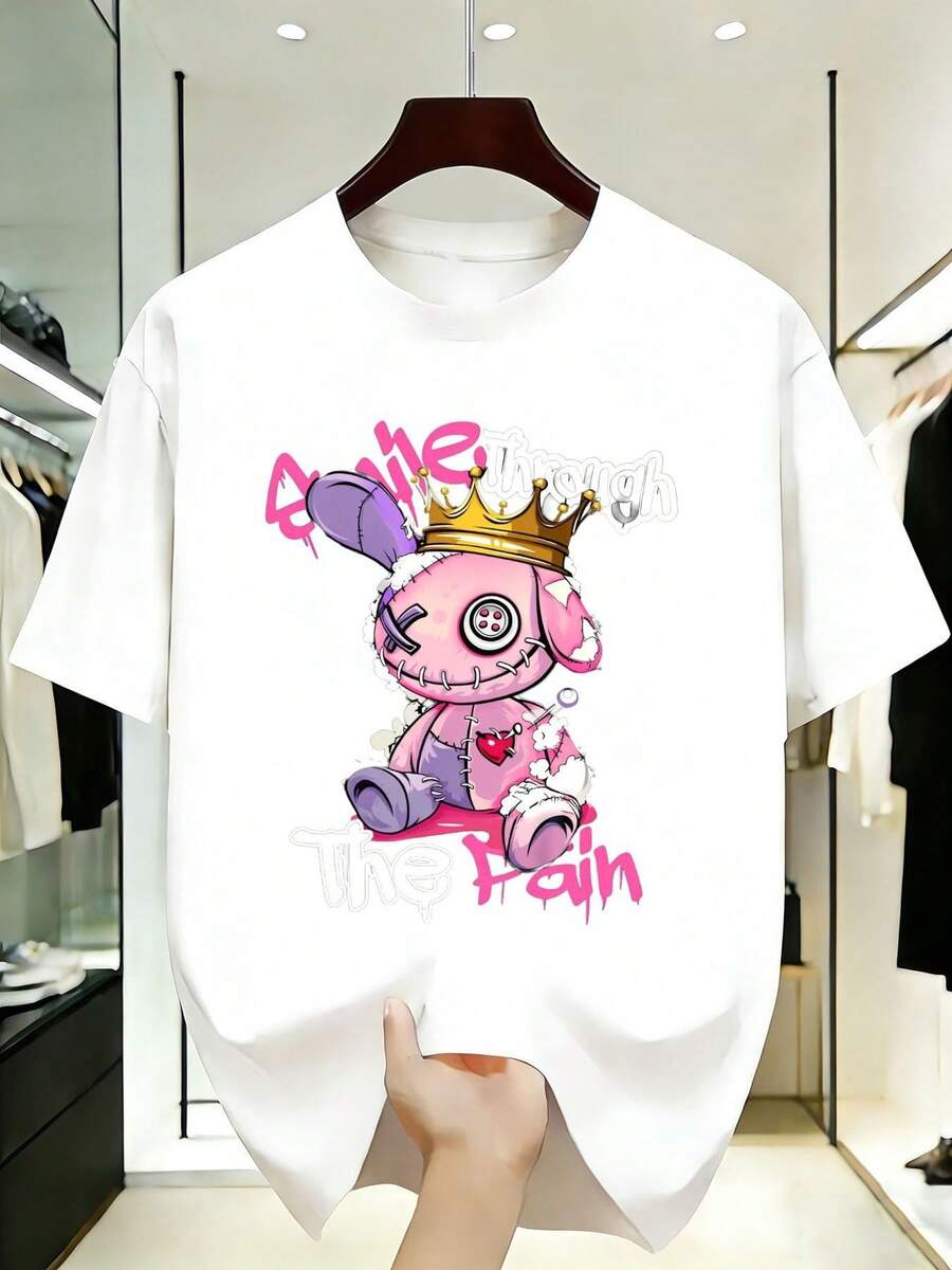 Women's T-Shirt With A Cartoon Print Of A Pink Rabbit, With "Smile Pain" Graffiti, Witch Doll Style, Distressed T-Shirt, Short Sleeve And Round Neck, Casual, Unisex, Soft And Breathable, A Fashionable Summer Gift. - 白色 - 查看 1