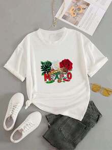 Women's Short Sleeve Blouse, One Piece, Beautiful Blouses For Women, Women's Clothing Sets, Mexico Image, 180G T-Shirt, Black And White, Floral Print, High Quality, Round Neck, Basic Fit, Loose, Breathable, Versatile, Machine Washable, Comfortable, Size S-3XL, Daily, Casual, Sporty, Summer Essential. Leisure - 白色 - 查看 4