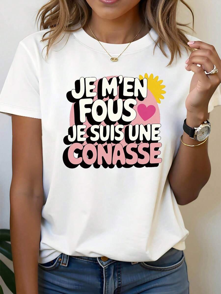 Women's T-Shirt With French Slogan "Je M'en Fous Je Suis Une Conasse" - Bold Lettering, Top With French Phrase, Short Sleeve And Round Neck, Casual Blouse For Spring And Summer, French Outfits For Parties/Casual Wear - 白色 - 查看 1