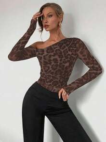 Body de manga larga con hombros transparentes y estampado de leopardo para mujer - Café integral - Ver 4