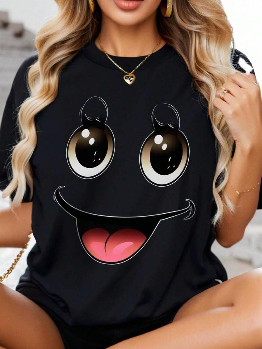 Women's Graphic T-Shirt With 3D Face - Black, Loose Fit, Casual, Round Neck And Short Sleeve, With Cartoon Eyes And Flowers On The Lips, 100% Soft, Machine Washable, All Season Comfort, Bold And Fun Print For Daily Wear, Cheerful And Playful Face Design, Expressive Eyes And Lips, Casual Clothing, Fashion Garment, Easy Care, Bohemian Style, Knit Fabric, Positioned Print, For Weekend, Fashion For Adult Women, Relaxed Fit, Comfortable Material, Breathable Fabric, Loose And Comfortable. - Back - View 1