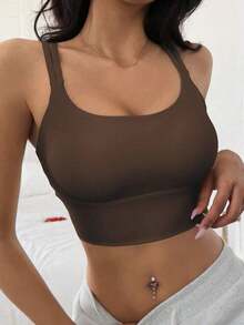 Sujetador deportivo minimalista de unicolor y de peso ligero que da forma para mujeres - Café integral - Ver 3