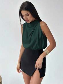 Camisa asimétrica plisada de color albaricoque, elegante y de moda, para uso diario en la oficina, de vacaciones o en festivales de música, para primavera/verano - Verde Oscuro - Ver 6