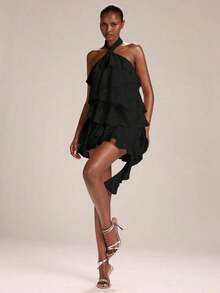 Vestido mini con cuello de halter, estampado de teñido anudado con flores rojas y volantes en el bajo, adecuado para fiestas, vacaciones, banquetes, bodas, salidas nocturnas, citas románticas, primavera/verano - Negro - Ver 6