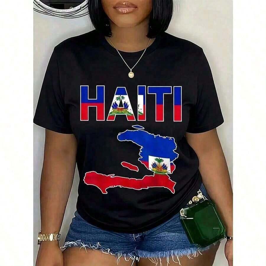 Unisex 100% Cotton T-Shirt With Haitian Flag Print, Map Of Haiti, Haitian Pride, Graphic Tees, Grunge Style, Album 67 Eat Sleep Goon Repeat, 90s Style, Casual, Short Sleeve, Quick Dry, Moisture Wicking, Crew Neck, Vintage In Utero Print, Summer Anime Style, Suitable For Women's Summer Outfits, 100% Pure Cotton. - 黑色 - 查看 1