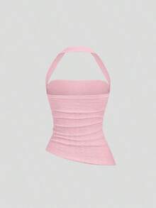 Camiseta de mujer de cuello halter liso, casual para uso diario estilo Y2K - Rosa Pálido - Ver 2