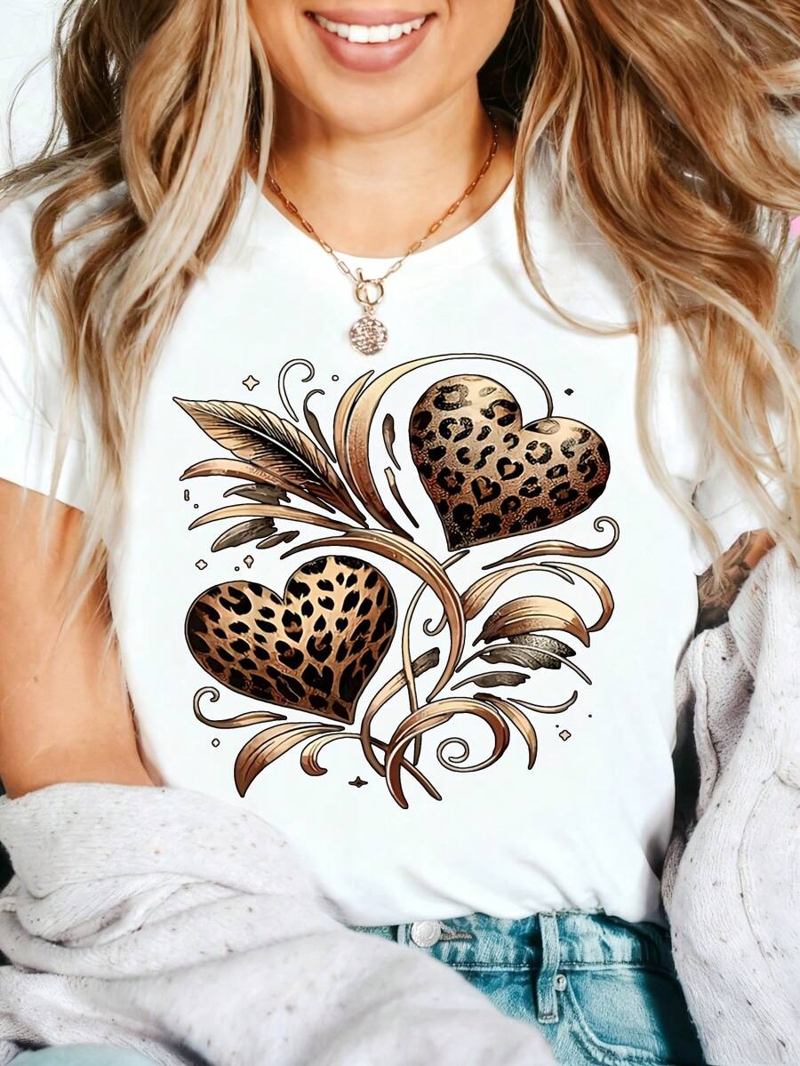 Leopard Heart Graphic T-Shirt, 100% Cotton Oversized Soft Breathable Casual Crewneck Short Sleeve Top, Romantic Aesthetic Summer Vibes Tee for Women & Animal Lovers