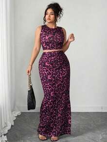 Conjunto de dos piezas de top de tirantes y falda con estampado de leopardo talla grande, sexy pero apropiado para el uso diario y el transporte - Rosa Fucsia - Ver 9