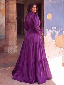 Plus Size Elegant Lantern Sleeve Ruffle Trim Chiffon Dress - Purple - View 2
