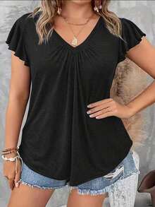 Camiseta de mujer de talla grande con cuello en V, manga corta, calada y bordada, para usar de vacaciones - Negro - Ver 1