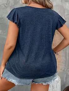Camiseta de mujer de talla grande con cuello en V, manga corta, calada y bordada, para usar de vacaciones - Azul marino - Ver 2