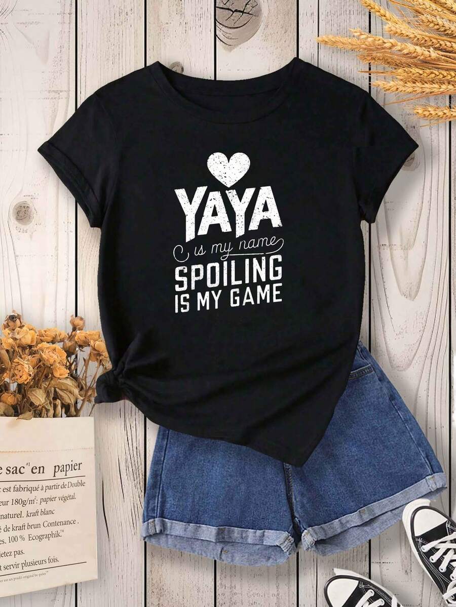YAYA Spoiling Women's Printed T-Shirt, Casual Short Sleeve Crew Neck T-Shirt, 95% Polyester 5% Elastane Knit Fabric, Geometric Print, Suitable For All Seasons, 180 G/M² - Black - 黑色 - 查看 1