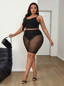 Leggings básicos de color liso para mujer de talla grande, apropiados para shorts de verano hasta la mitad del muslo, adecuados para personas de estatura talla grande baja, leggings de cintura alta, para uso diario, ocio, deportes, vera - Negro - Ver 3