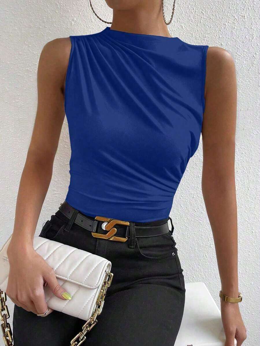 Blusa casual versátil con cuello alto y plisados para mujer - Azul - Ver 1