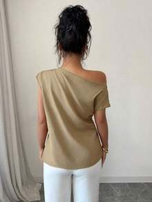 Blusa de unicolor con cuello asimétrico y plisado a la moda para mujeres - Caqui - Ver 2