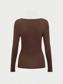 Elegante camiseta básica minimalista vintage casual de uso diario, reversible, de punto con cuello redondo y manga larga para mujer, color negro, para primavera - Café integral - Ver 5