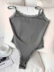 Body Con Tirantes Finos Y Ribete De Encaje Para Mujer - Gris Oscuro - Ver 7