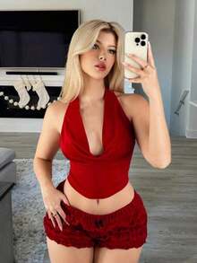 Top corto de color rojo sexy de cuello de escote amplio y sin mangas con estilo sencillo Y2K para mujer - Rojo - Ver 3