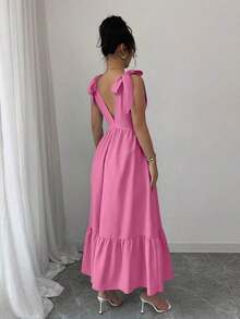 Elegante vestido sin mangas con escote en V y lazo en la cintura, vestido de verano azul para vacaciones de damas - Rosa Fucsia - Ver 2