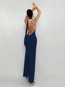 Vestido rojo sólido sin espalda con cuello halter, adecuado para citas, fiestas de Navidad y eventos de noche - Azul marino - Ver 1