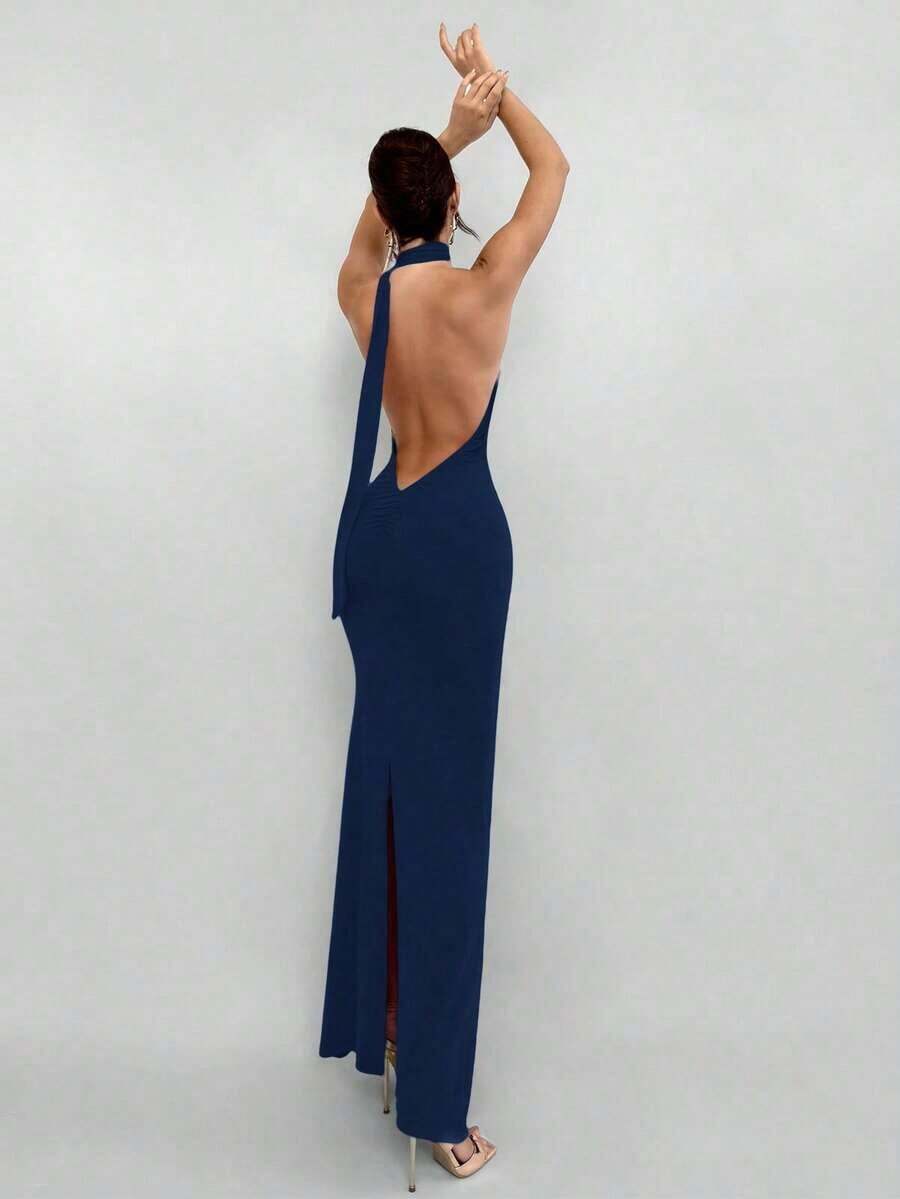 Vestido rojo sólido sin espalda con cuello halter, adecuado para citas, fiestas de Navidad y eventos de noche - Azul marino - Ver 1