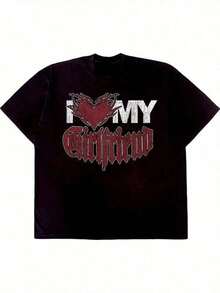 Printed T-Shirt, Graphic Design Cotton T-Shirts, Plus Size, Cartoon Crew Neck, Short Sleeve, I Love My Girlfriend's Black And Red Short Sleeve T-Shirt, Y2K Style, Men's Oversized T-Shirt, With Shirt, Summer Tops, Suitable T-Shirt. - 白色 - 查看 7