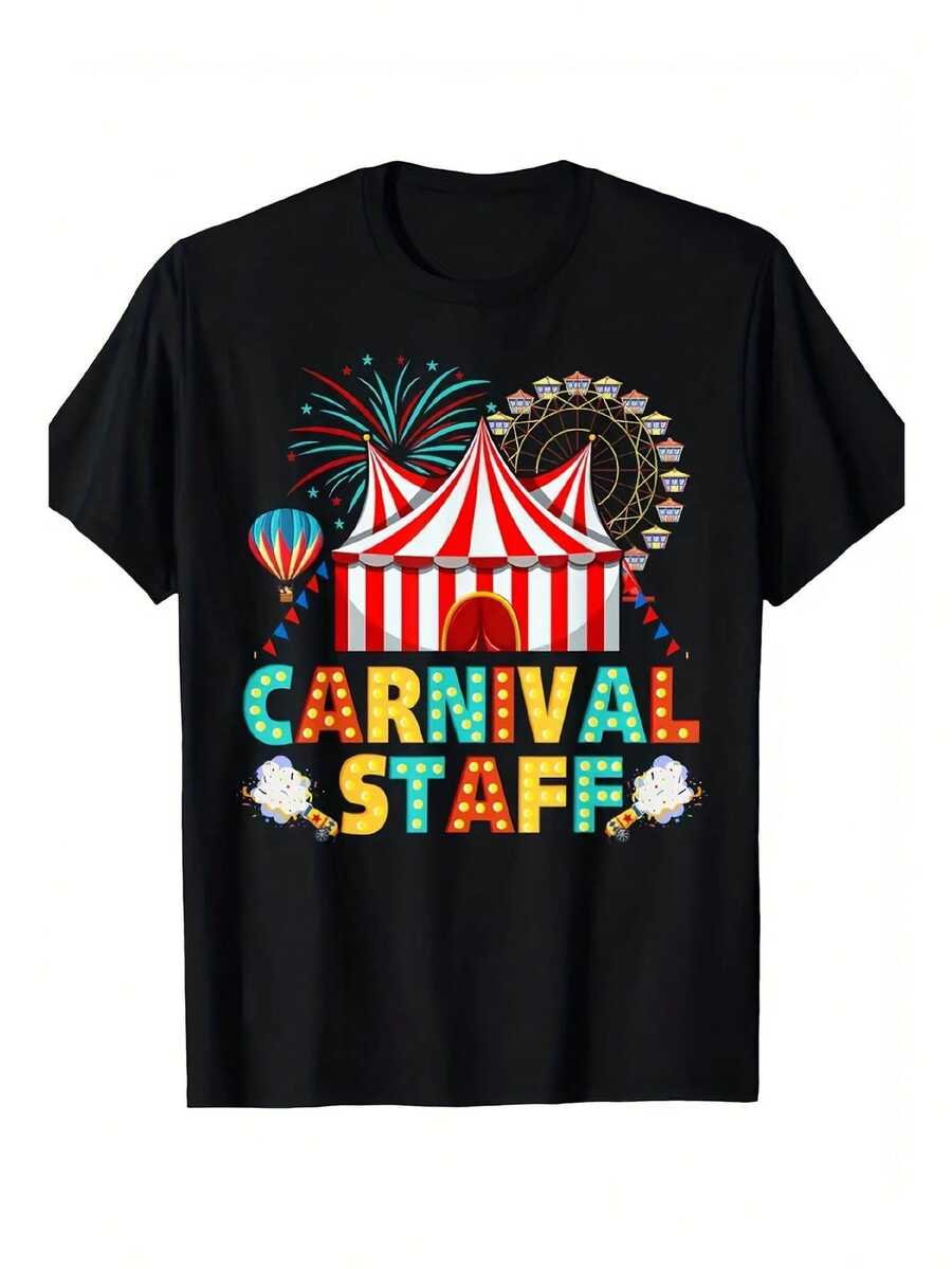 Carnival Printed T-Shirt - Circus Tent And Fireworks Print T-Shirt For Birthday/Circus Party - Soft Crew Neck T-Shirt, Suitable For Carnival Events, Halloween, Christmas. - Interesting Costume Gift Ideas For Holiday Staff - Casual Regular Fit T-Shirt, Sportswear, Fun Design, All-Season Fabric, Suitable For Teenagers. Perfect For Everyday Wear. Clothing Set & Gift, Circus T-Shirt, Perfect For Holidays & Playtime, Great For Parties & Family Holiday And Party Sets, Summer Set, Attractive Weather Wear - 黑色 - 查看 1