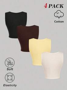 Conjunto de 4 piezas de top de tirantes ajustado y fruncido de cuello cuadrado de varios colores para mujer.Top corto sin mangas en negro, burdeos, marrón y blanco.Elegante y romántico para vacaciones, fiestas, ceremonias, playa, salidas casua - Multicolor 3 - Ver 3